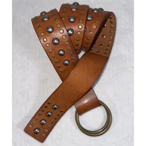 VTG Saddle Brown Double O Ring Silver & Brass Studded Belt Boho Rockabilly 32-39
